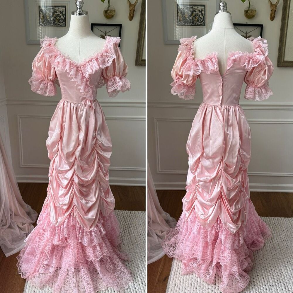 Vintage 80s Loralie Pink Southern Belle Bo Peep Prom Dress Gown XS